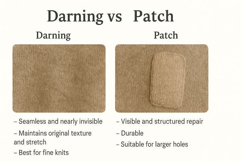 A side-by-side comparison of a darned repair and a fabric patch on a sweater